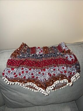 Olivaceous Red White Brown Floral Pom-Pom Shorts